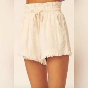 Women's Cream Drawstring Linen Blend Shorts